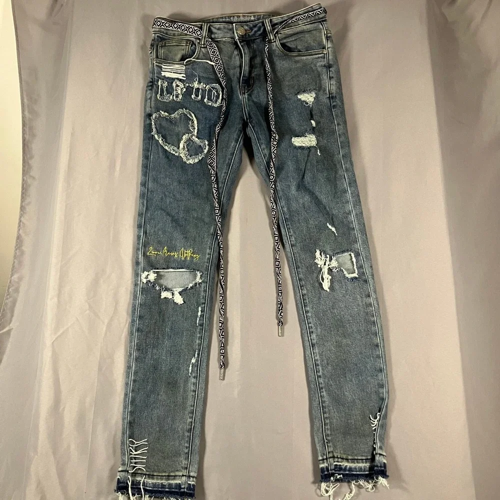 Lifted Anchors Mens 32 Distressed Jeans Customized Tribal Belt LFOD Blue Denim